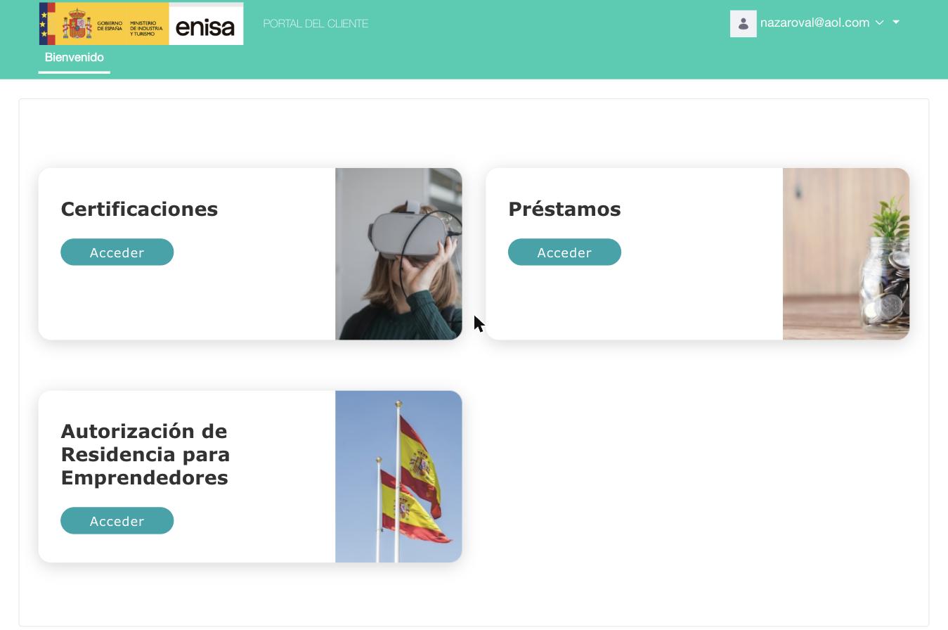 Стартовая страница личного кабинета ENISA "Bienvenido": три плитки Certificaciones, Préstamos, Autorización de Residencia para Emprendedores, у каждой кнопка Acceder