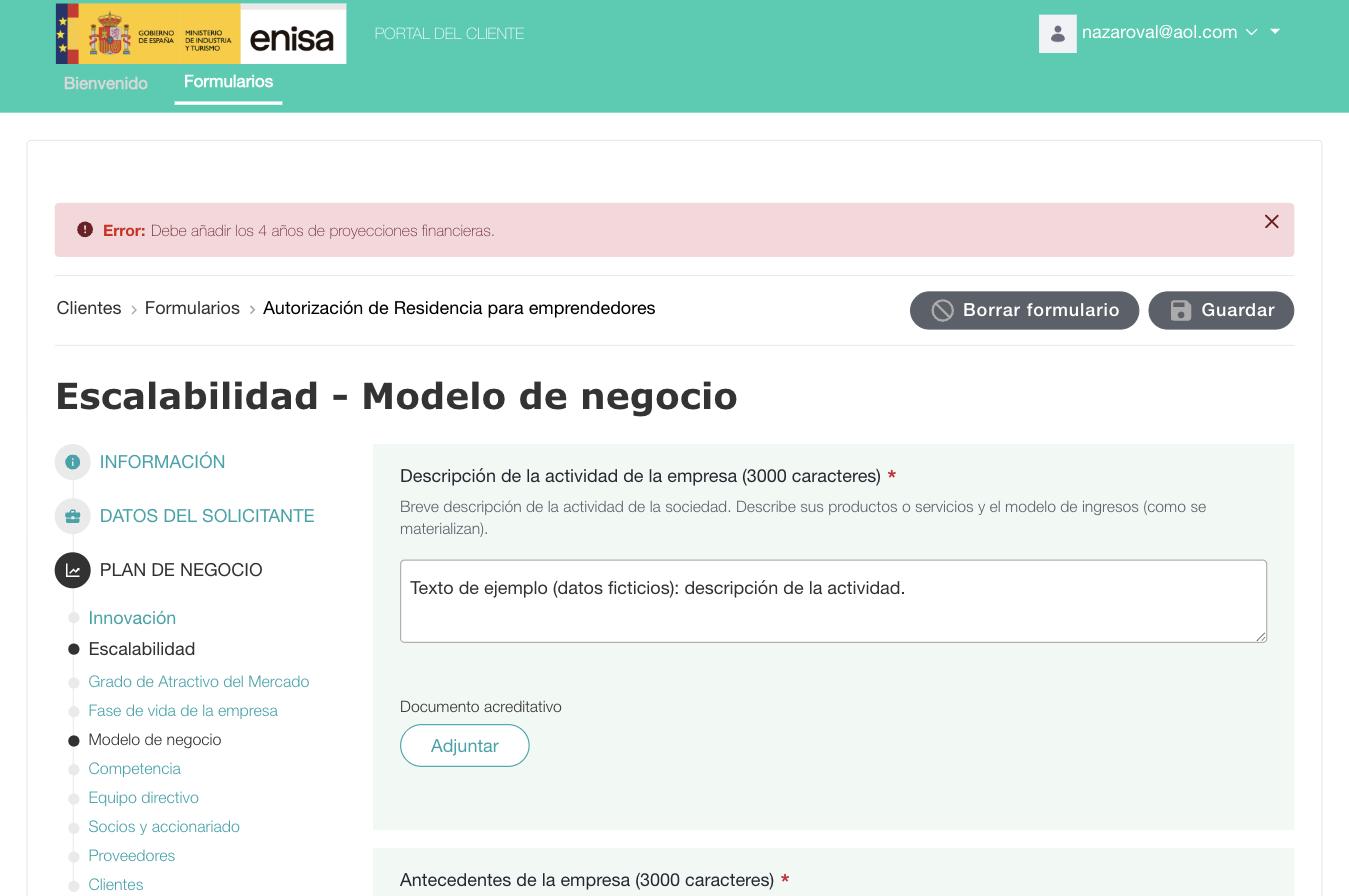 Ошибка портала ENISA: "Debe añadir los 4 años de proyecciones financieras"
