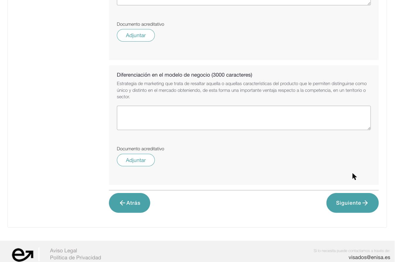 Экран Innovación: чекбоксы формальных критериев (Resolución de concesión de financiación, Premio Startup, Informe Motivado Vinculante) и текстовые поля для патентов и технологий ниже