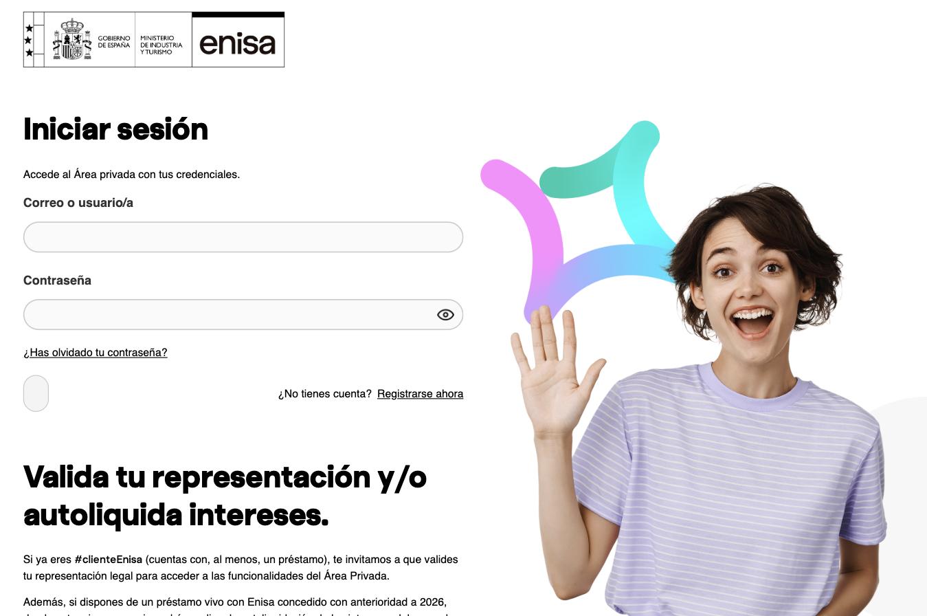Экран входа portaldelcliente.enisa.es: поля Correo o usuario/a, Contraseña, кнопка Iniciar sesión