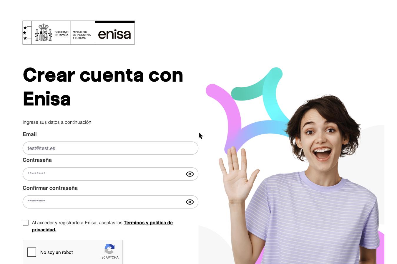 Форма регистрации на portaldelcliente.enisa.es: поля Email, Contraseña, Confirmar contraseña, согласие с условиями и капча