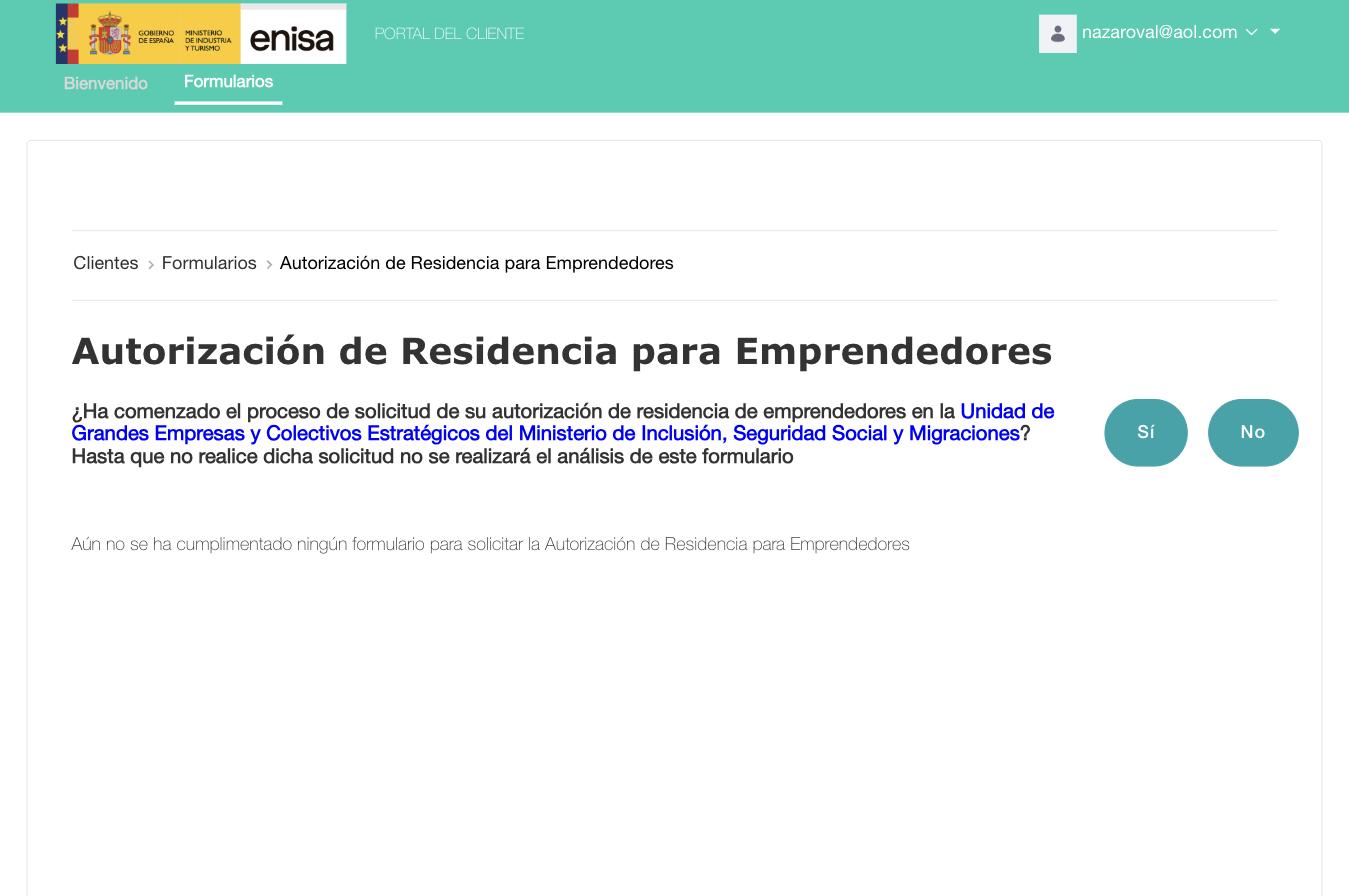 Экран ENISA с вопросом "¿Ha comenzado el proceso de solicitud de su autorización de residencia de emprendedores en la Unidad de Grandes Empresas...?" и кнопками Sí / No
