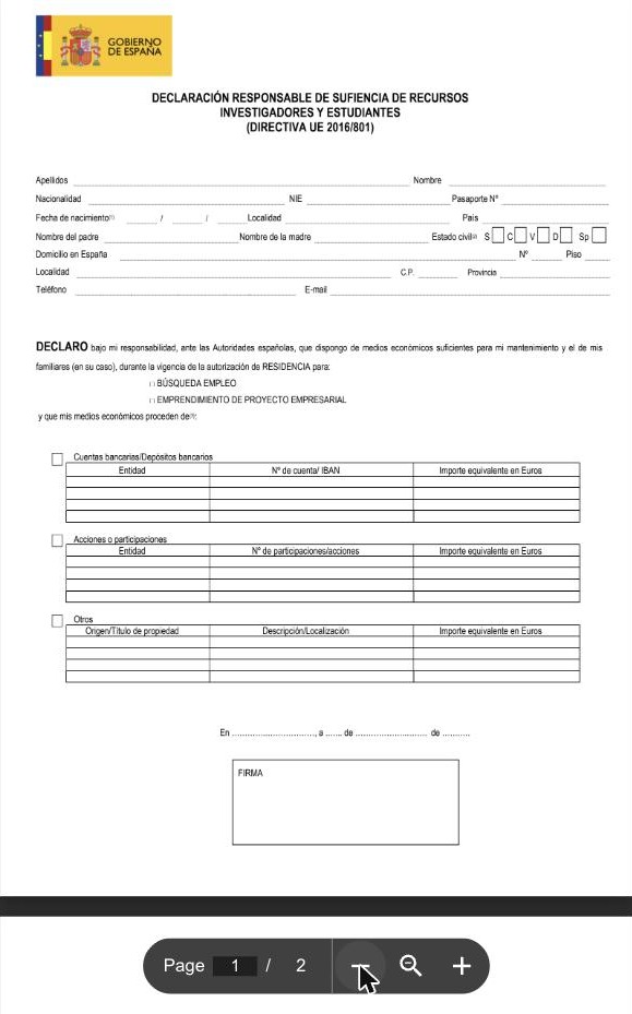 Бланк Declaración responsable de suficiencia de recursos: чекбоксы источников средств (cuentas bancarias, acciones o participaciones, otros) с таблицами для каждого