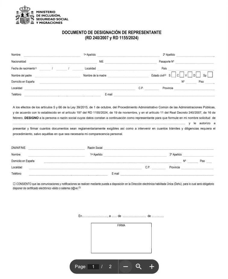 Бланк Documento de Designación de Representante: личные данные доверителя, текст доверенности со ссылкой на ст. 5 и 66 Ley 39/2015 и ст. 197 RD 1155/2024, данные представителя, поле подписи