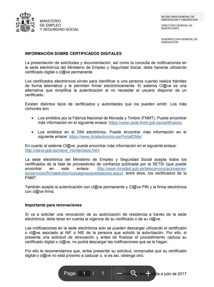 Информационный лист Información sobre certificados digitales: какие сертификаты принимает портал (FNMT, DNI electrónico) и ссылки на Cl@ve