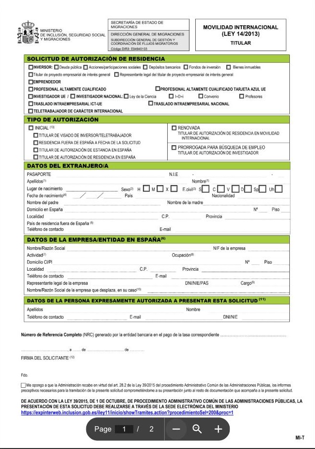 Бланк MI-T: чекбоксы категории (Inversor, Emprendedor, Profesional altamente cualificado и другие), блок Tipo de autorización, блок Datos del extranjero/a
