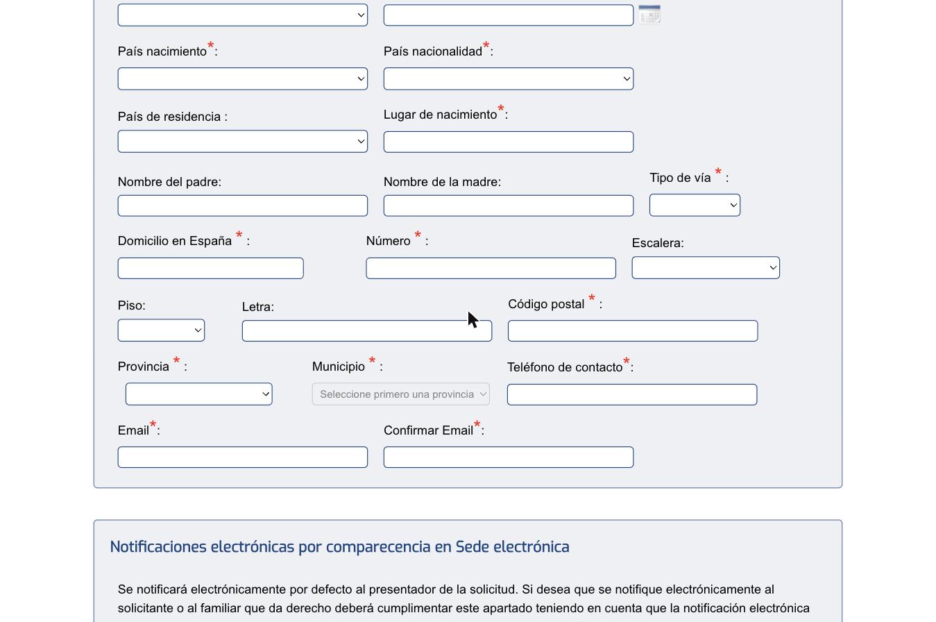Экран Datos del extranjero: адресный блок Tipo de vía, Domicilio en España, Número, Escalera, Piso, Letra, Código postal, Provincia, Municipio, Teléfono, Email