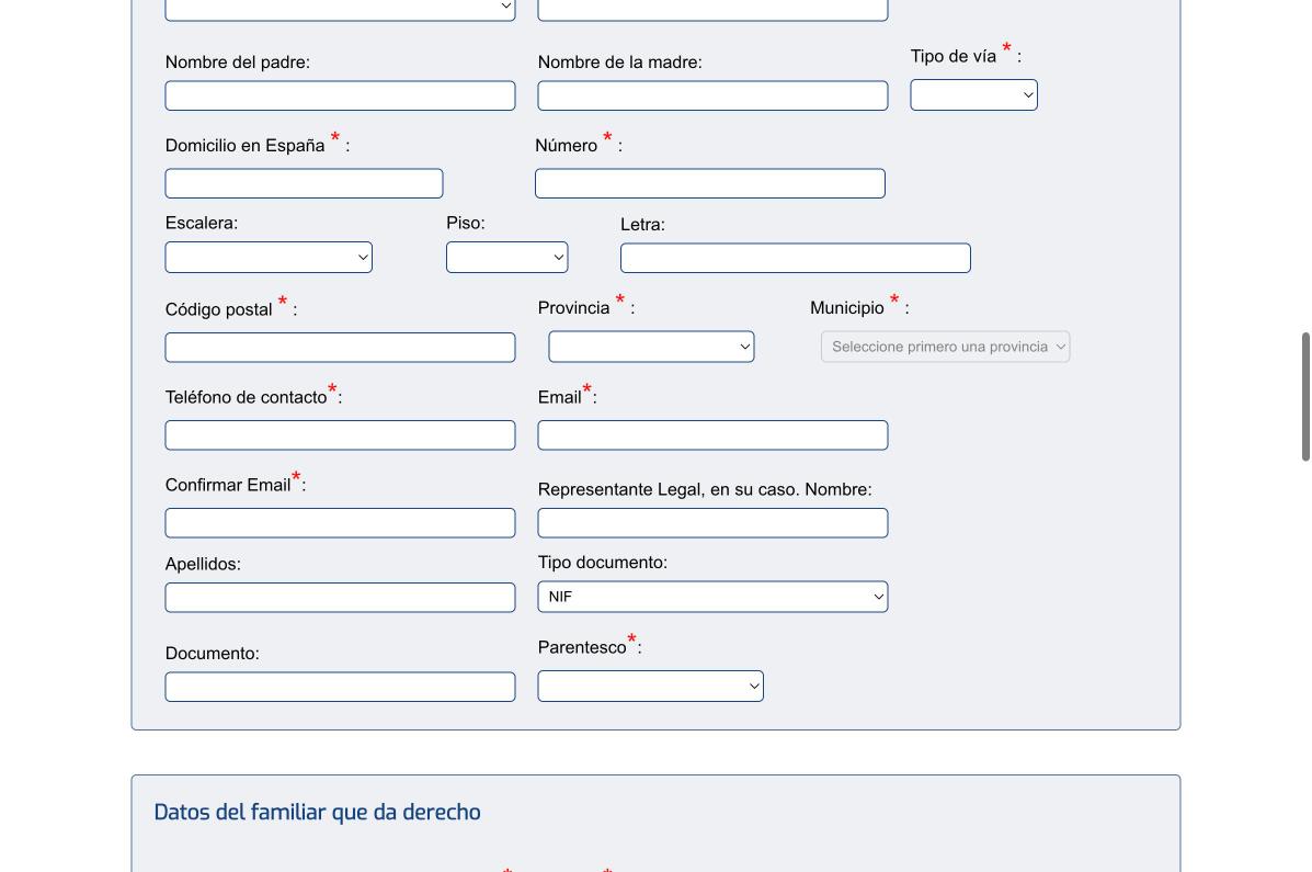 Экран Datos del solicitante для Subtipo Menor nacido en España: дополнительные поля Representante Legal (Nombre, Apellidos, Tipo documento, Documento) и обязательное поле Parentesco