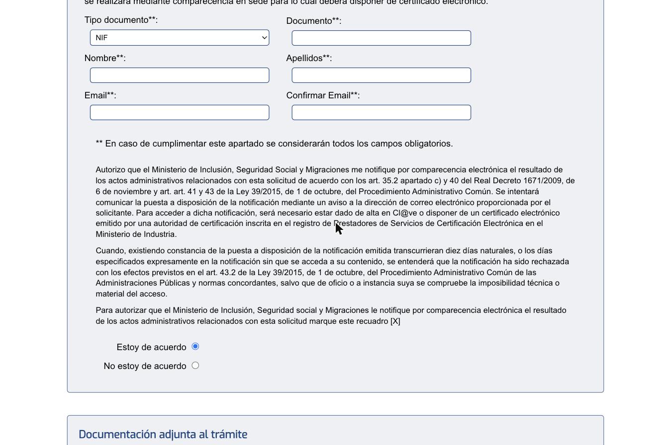 Экран Notificaciones electrónicas: блок с полями Tipo documento, Documento, Nombre, Apellidos, Email для назначения получателя уведомлений, радиокнопки Estoy de acuerdo / No estoy de acuerdo