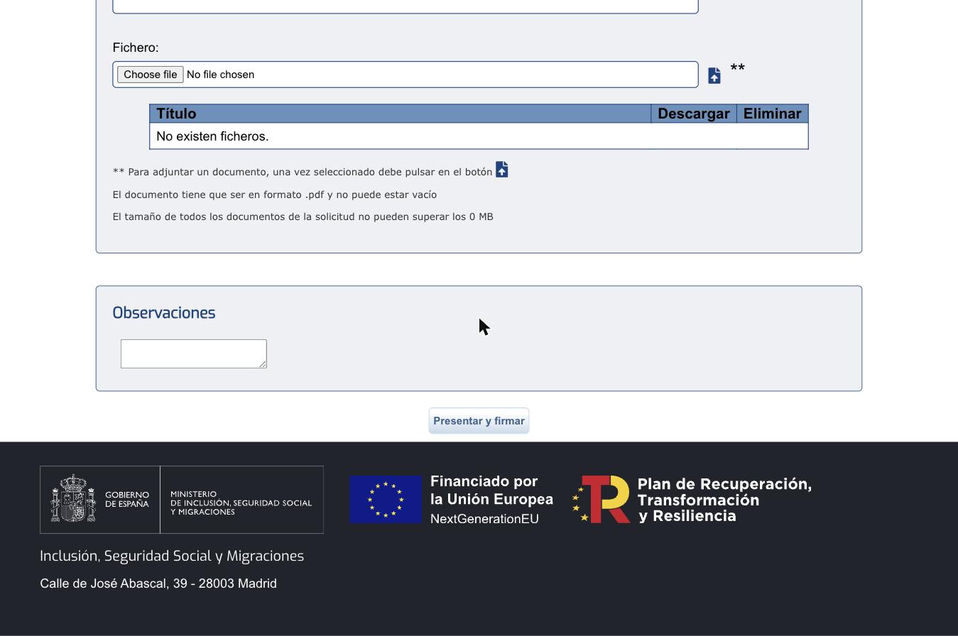 Низ формы: раздел Otra Documentación, поле Observaciones, кнопка Presentar y firmar