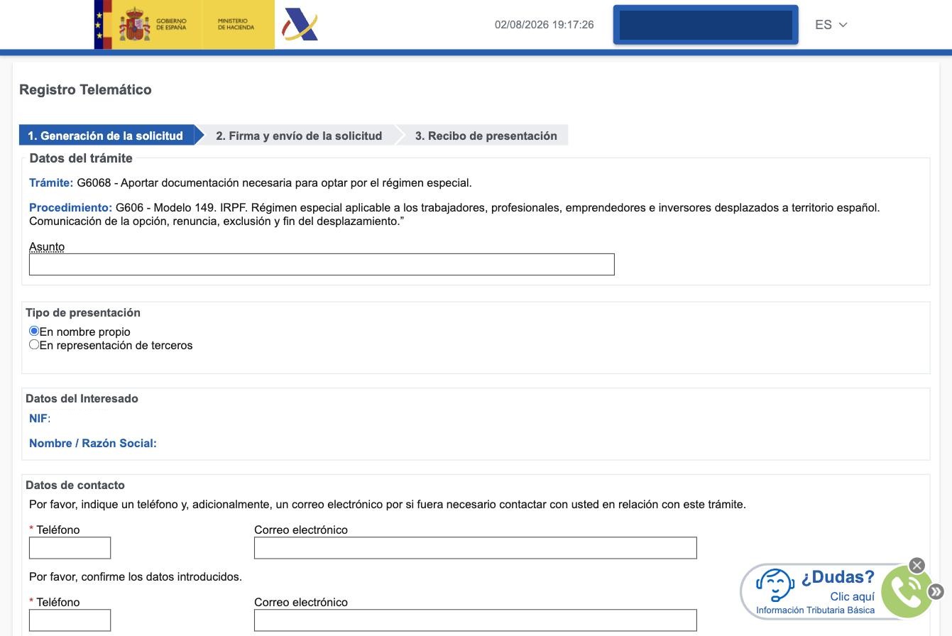 Registro Telemático - Alta del Asiento Registral screen: trámite G6068 "Aportar documentación necesaria para optar por el régimen especial", the Tipo de presentación block (En nombre propio / En representación de terceros), the Datos del Interesado block