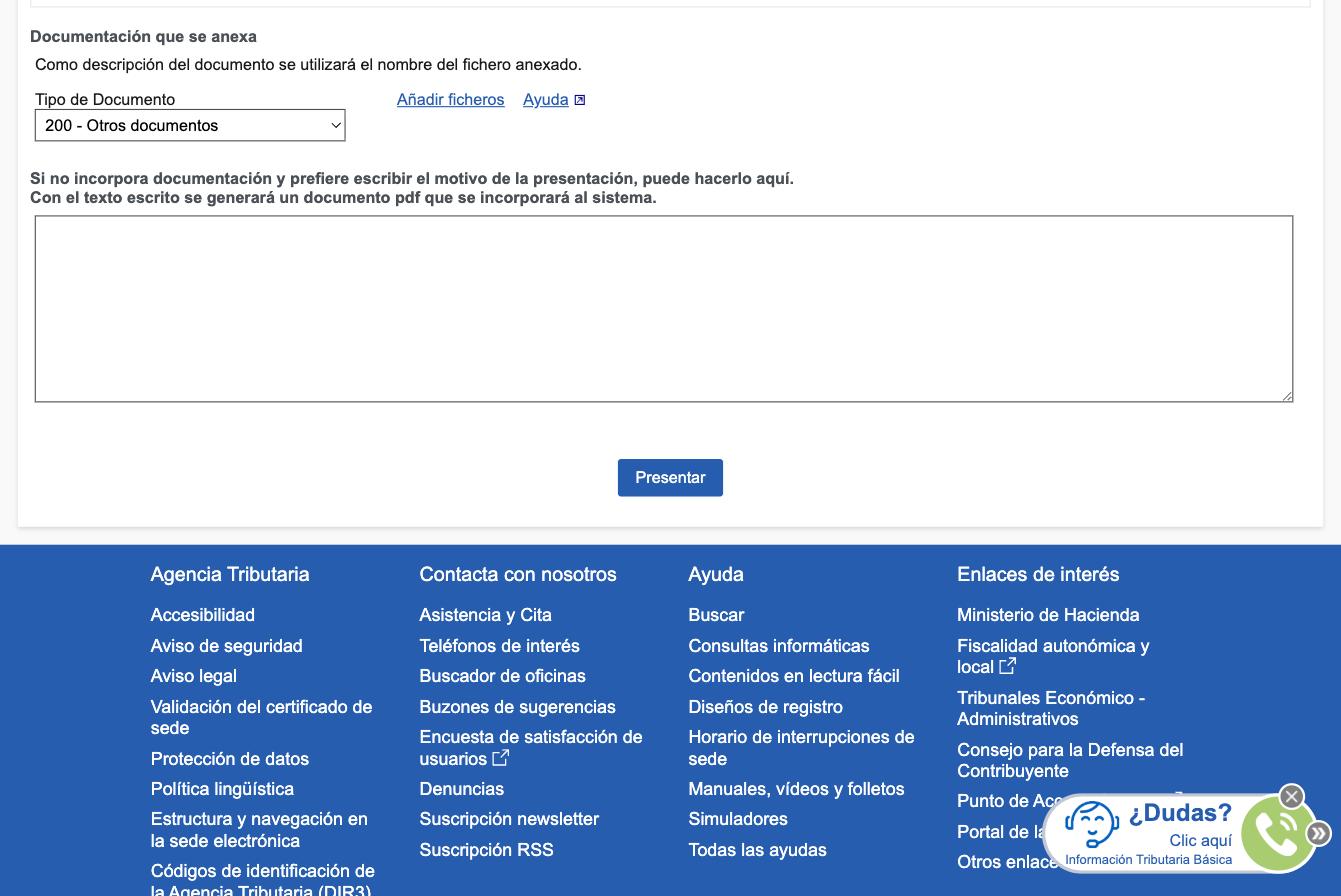 G6068 screen: the "Documentación que se anexa" block with a Tipo de Documento dropdown, an Añadir ficheros link, a text field for describing the reason for the submission, and a Presentar button