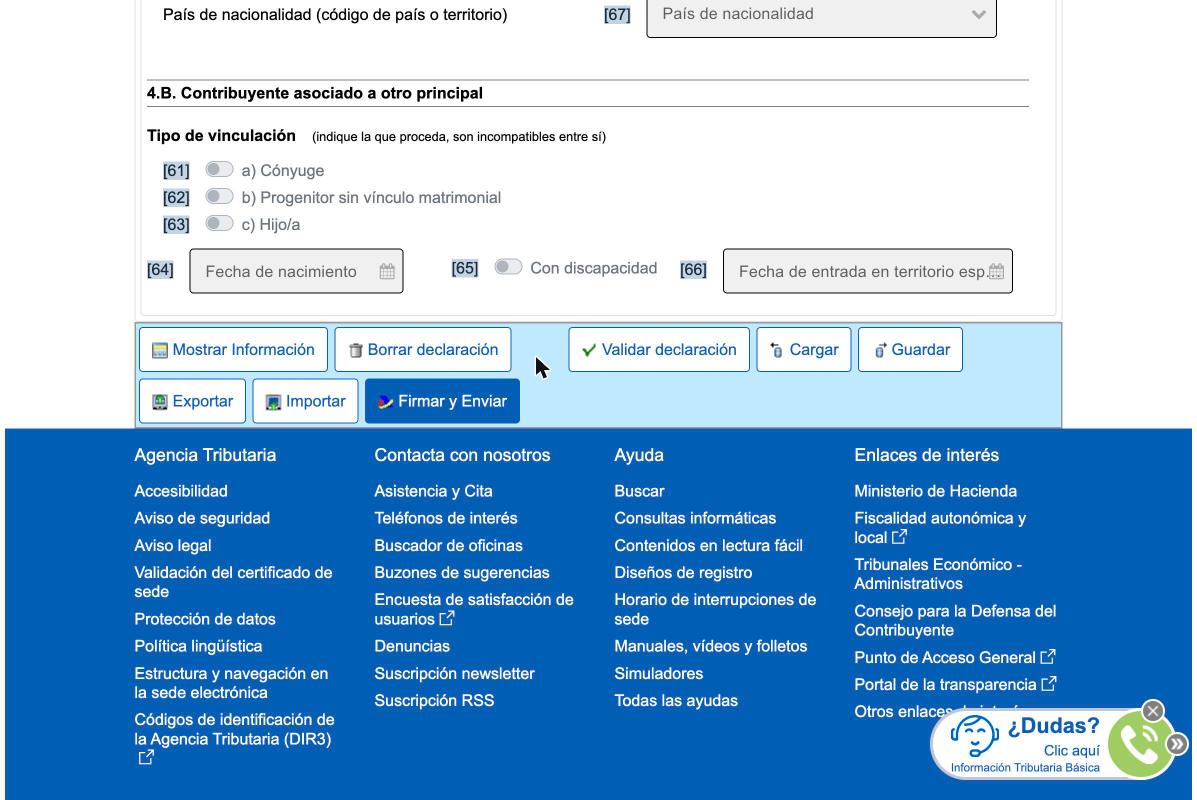 Modelo 149 screen, section 4.B "Contribuyente asociado a otro principal": Tipo de vinculación checkboxes - a) Cónyuge, b) Progenitor sin vínculo matrimonial, c) Hijo/a, fields for Fecha de nacimiento, Con discapacidad, Fecha de entrada en territorio español; below it the button panel Mostrar Información, Borrar declaración, Validar declaración, Cargar, Guardar, Exportar, Importar, Firmar y Enviar