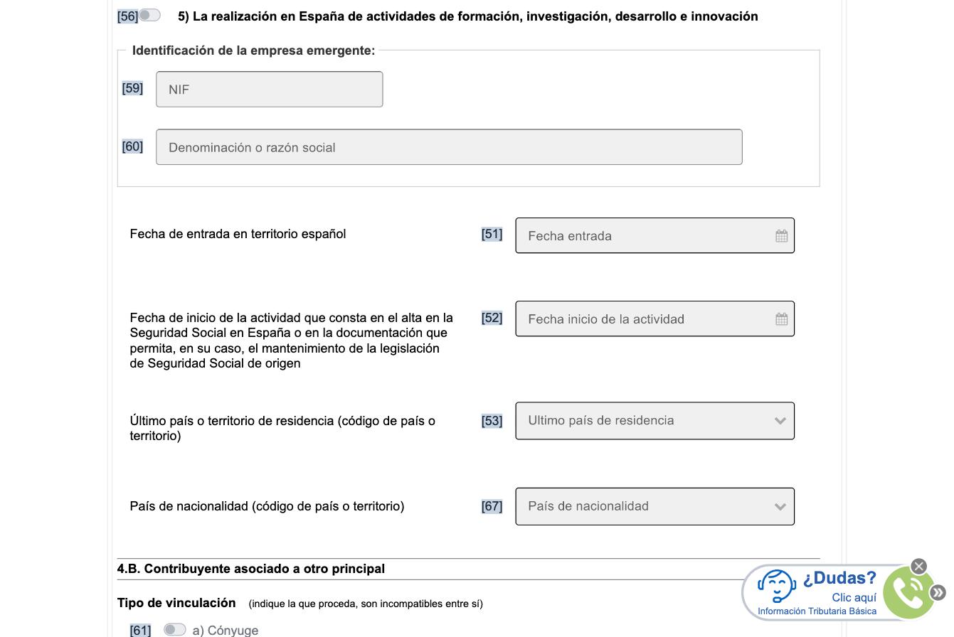 Modelo 149 screen, section 4.A: fields Fecha de entrada en territorio español [51] and Fecha de inicio de la actividad que consta en el alta en la Seguridad Social en España o en la documentación que permita, en su caso, el mantenimiento de la legislación de Seguridad Social de origen [52]