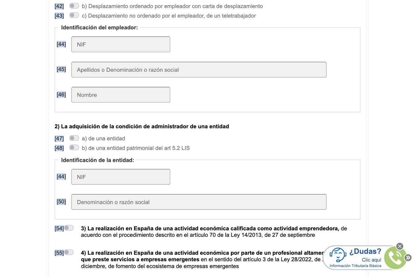 Modelo 149 screen, section 4.A: checkboxes "1) Un contrato de trabajo" with three sub-options a/b/c and the Identificación del empleador block, "2) La adquisición de la condición de administrador de una entidad" with sub-options a) de una entidad / b) de una entidad patrimonial del art 5.2 LIS and the Identificación de la entidad block, the start of item "3) La realización en España de una actividad económica calificada como actividad emprendedora" and item "4) La realización en España de una actividad económica por parte de un profesional altamente cualificado que preste servicios a empresas emergentes"