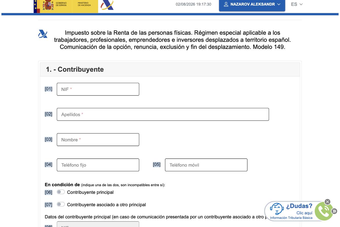 Modelo 149 form screen, section 1 "Contribuyente": fields [01] NIF, [02] Apellidos, [03] Nombre, [04]-[05] Teléfono, toggles [06] Contribuyente principal / [07] Contribuyente asociado a otro principal, and below it the "Datos del contribuyente principal" block with NIF/Apellidos/Nombre fields and "Nº justificante M 149 del contribuyente principal"