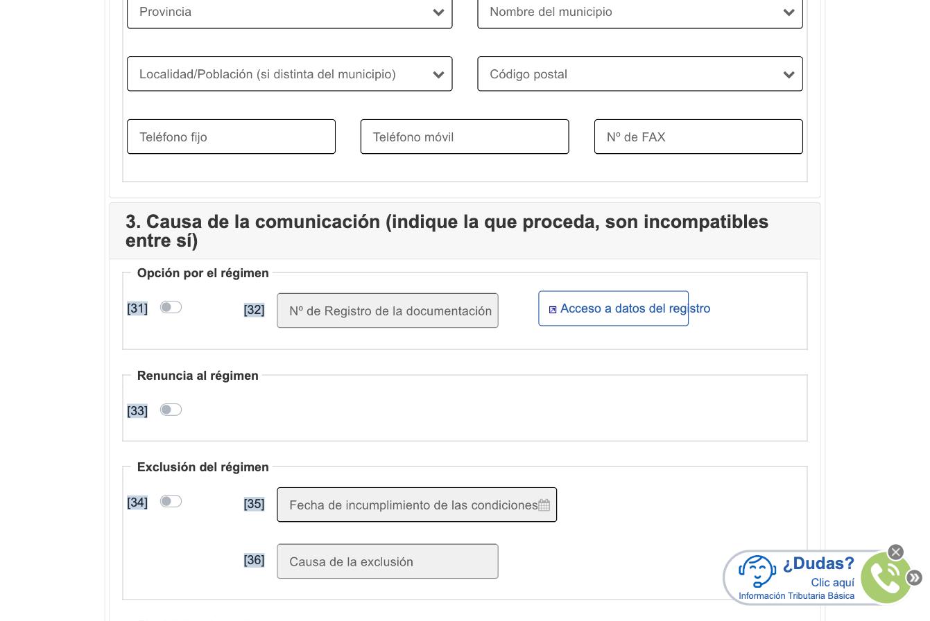 Modelo 149 screen, section 3 "Causa de la comunicación": the "Opción por el régimen" block with field [32] Nº de Registro de la documentación and an "Acceso a datos del registro" button, below it the "Renuncia al régimen" and "Exclusión del régimen" blocks with Fecha de incumplimiento de las condiciones and Causa de la exclusión fields, and the "Fin del desplazamiento" block